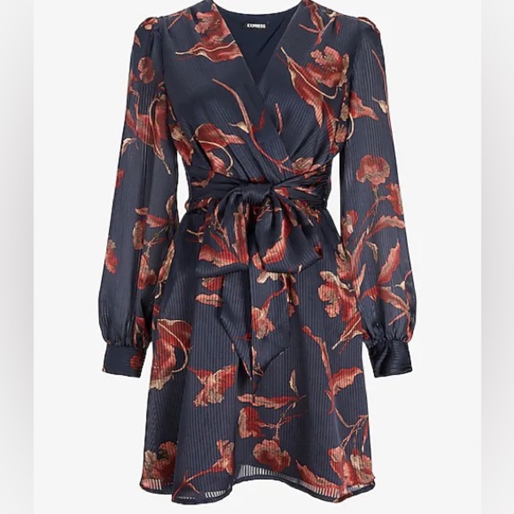 Express Floral Satin Tie Waist Long Sleeve Mini Dress NWT!!! Size XS